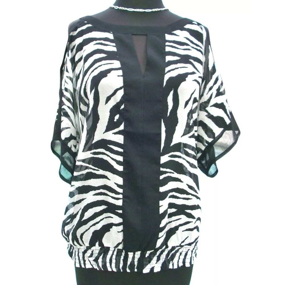 Cache Zebra Sheer Illusion Shirred Elastic Bottom Top PeekA Boo Shoulder $98 NWT